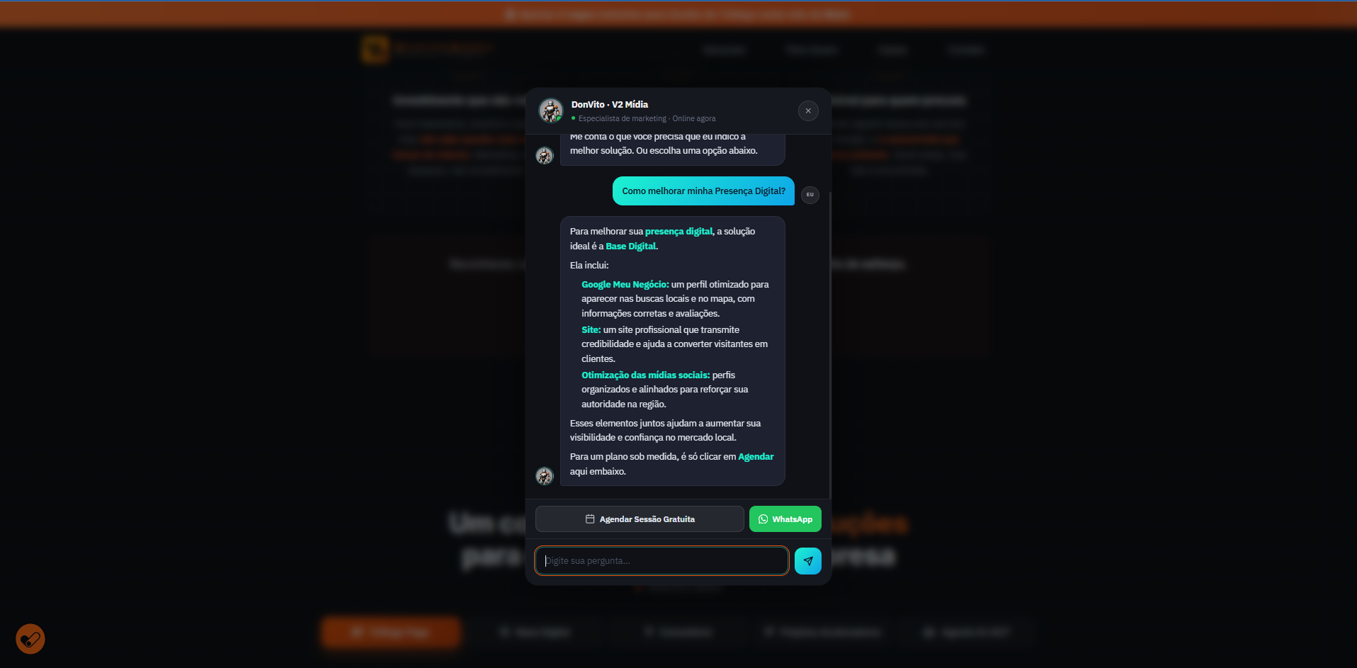 Site inteligente V2 Mídia com agente de IA